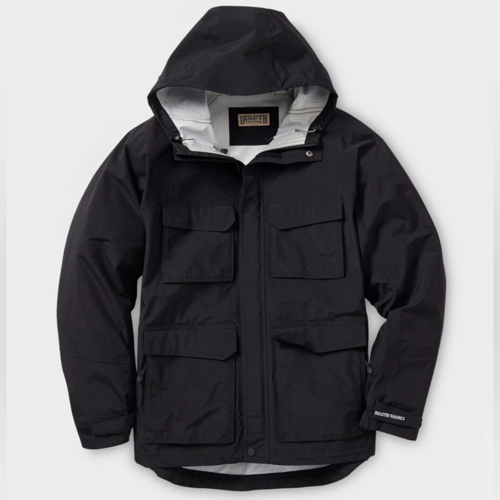 Duluth Trading Co Black No-Rainer Cargo Rain Jacket Hooded Waterproof Vented 2XL